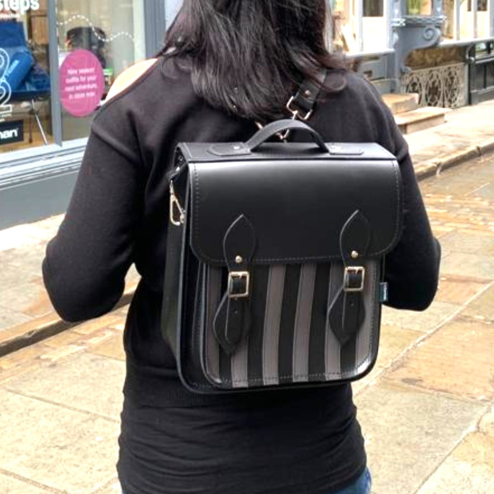 Handmade Leather City Backpack - Gothic Striped Grey & Black-2